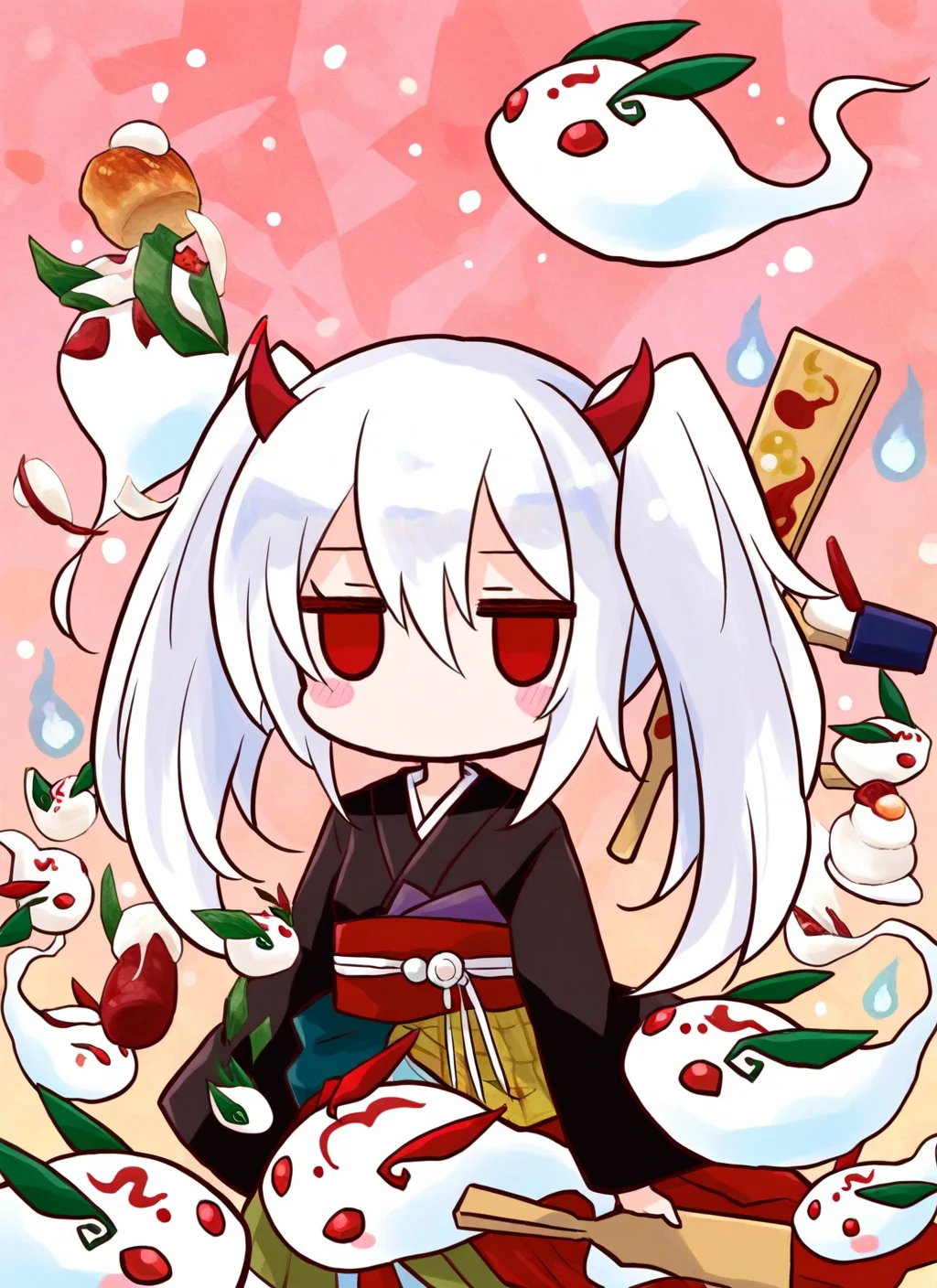 ghost ogre & snow rabbit,1girl,solo,blush,red eyes,twintails,white hair,horns,food,kimono,chibi,blush stickers,jitome,ghost,hitodama,duel monster,no mouth,mochi,paddle,snow rabbit,1other,chibi,
<lora:yuki usagi:0.8>,