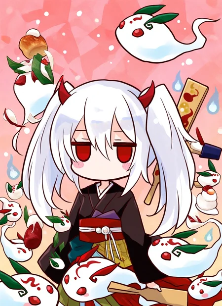 ghost ogre & snow rabbit,1girl,solo,blush,red eyes,twintails,white hair,horns,food,kimono,chibi,blush stickers,jitome,ghost,hitodama,duel monster,no mouth,mochi,paddle,snow rabbit,1other,chibi,
<lora:yuki usagi:0.8>,