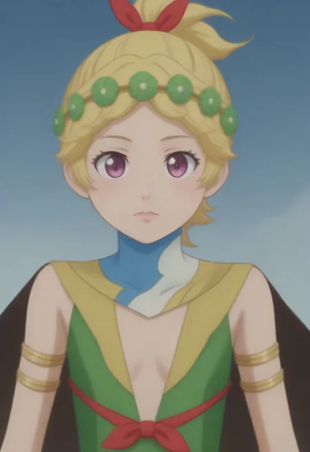 source_anime, anime screencap, source_anime, auratheguillotine, anime screencap, masterpiece, source_anime, shiny skin,,,,,, <lora:zs_DemeterXL:1> demetersmt, blonde hair, ponytail, head wreath, purple eyes, green dress, cleavage, cape, armlet, bracelet,