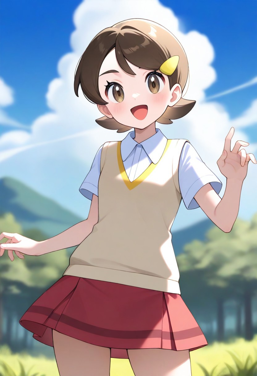 2d, masterpiece, best quality, amazing quality, highres, absurdres, newest, standing, smile, open mouth, cowboy shot, upper body, sky, clouds, woods, nature, teammates \(pokemon\), 1girl. solo, kohai, short hair, brown hair, brown eyes, hairclip, yellow sweater vest, collared shirt, short sleeves, beige sweater vest, red skirt, miniskirt,,masterpiece,best quality,newest,absurdres,highres,very awa