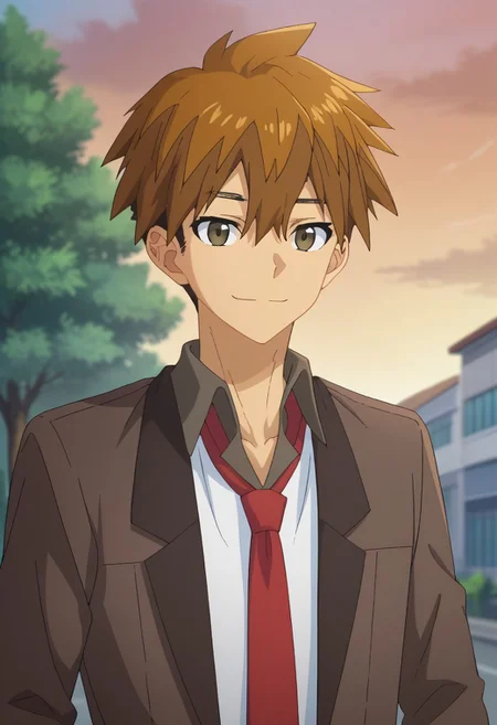 score_9, score_7_up, source_anime,
yokoya, 1boy, male focus, solo, brown eyes, brown hair, hair between eyes, short hair, school uniform, shirt, white shirt, collared shirt, jacket, brown jacket, long sleeves, necktie, red necktie, pants, brown pants, smile,
outdoor, sky, tree, cloud,