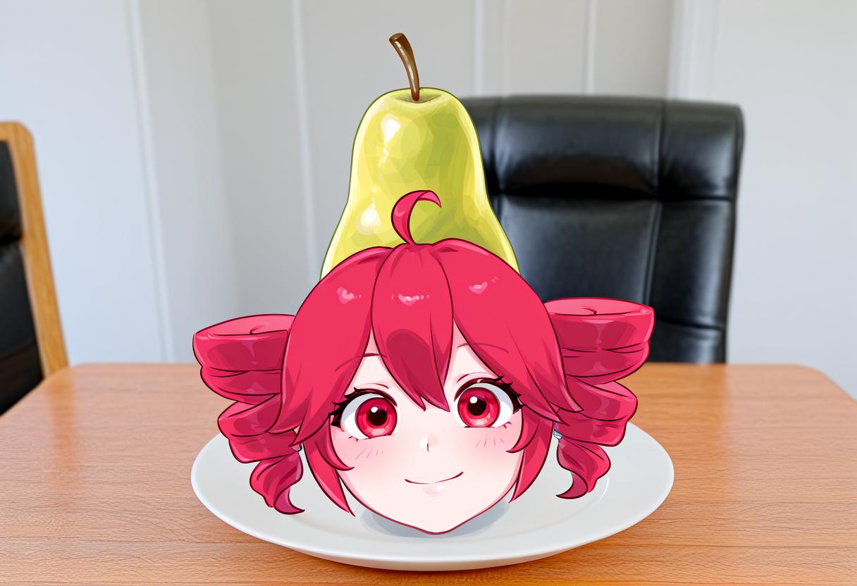 masterpiece, high quality, absurdres, pearto, kasane teto, food, fruit, looking at viewer, smile, closed mouth, objectification, head only, disembodied head, table, on table, plate, chair, photo background, <lora:pearto:1>,