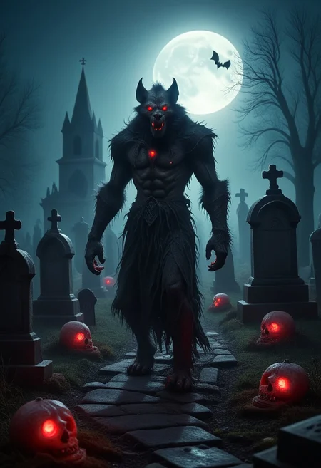 Scary werewolf with red glowing eyes and rotting flesh, in a cemetery at night, full moon, tombs, crypt, mist. In the distance there is a menacing gothic castle. Hall0w33n,graves