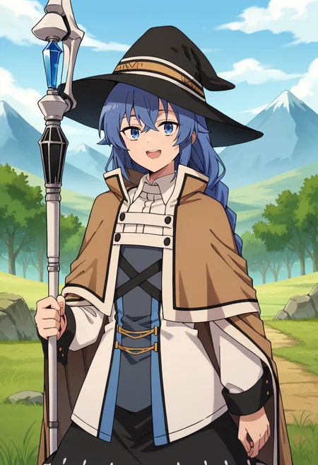 score_4, score_5, score_6, score_9, score_8_up, score_7_up, source_anime,
<lora:MushokuTensei_RoxyMigurdiaXL:0.8>, RoxyMigurdia,
1girl, open mouth, smile,
blue hair, twin braids, long hair, bangs, blue eyes,
RoxyDress, black hat, brown cape, dress, cross-laced clothes, long sleeves, black skirt, staff,
looking at viewer, facing viewer,
outdoors, scenery, mountain, grass, tree