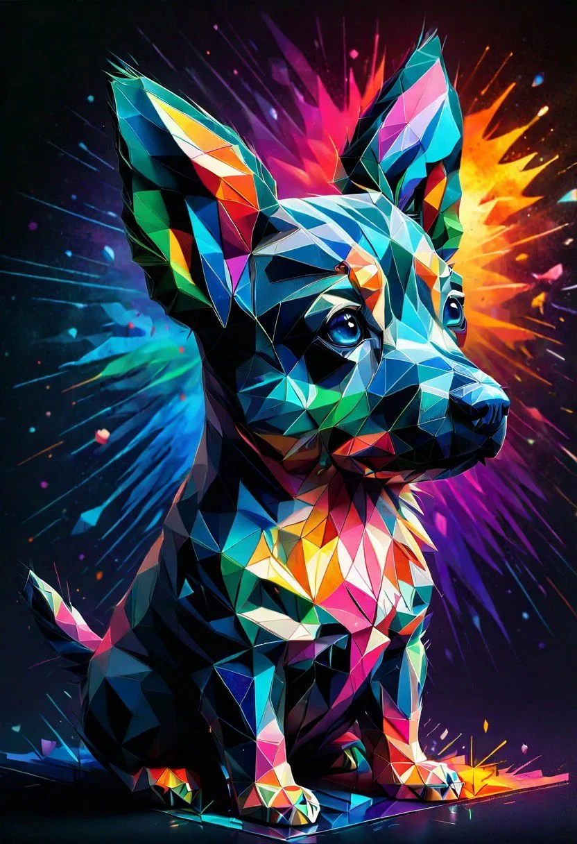 a silhouette design of a puppy, sunset design, t- shirt art, 3D vector art, cute and quirky, bright bold colorful., black background, watercolor effect, , digital painting, low-poly, soft lighting, bird's-eye view, isometric style, retro aesthetic, focused on the character, 4K resolution, photorealistic rendering, using Cinema 4D,front side