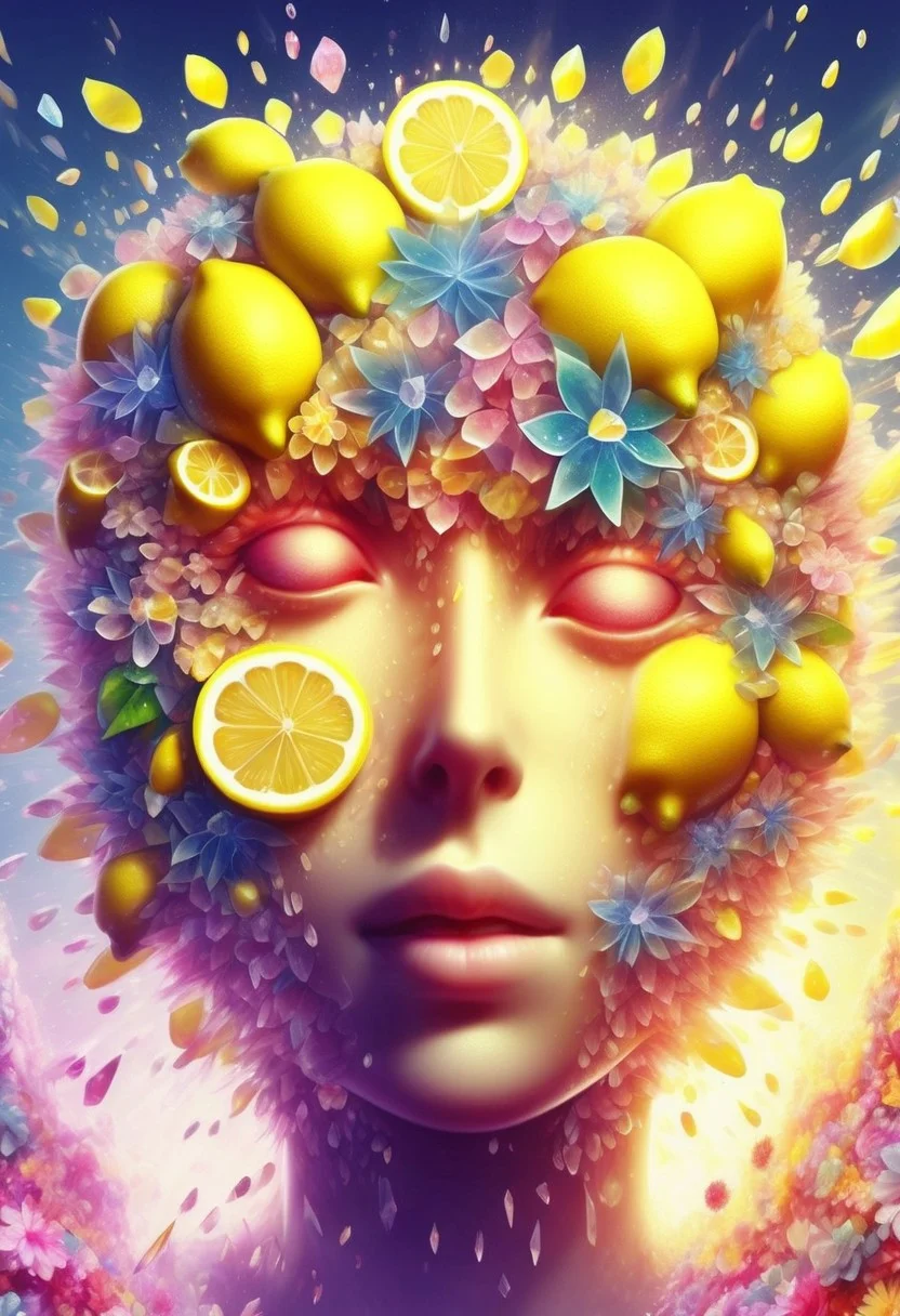 wl_lemons,anime "A human head made of translucent, crystallized material shatters outward, with shards transforming into a burst of vibrant flowers. The flowers are varied in color and species, blooming mid-air as if born from the explosion. Soft light refracts through the crystal fragments, creating a surreal, dreamlike atmosphere."