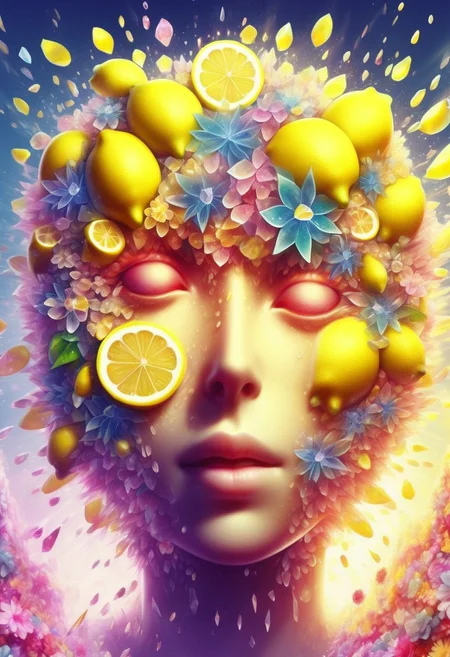 wl_lemons,anime "A human head made of translucent, crystallized material shatters outward, with shards transforming into a burst of vibrant flowers. The flowers are varied in color and species, blooming mid-air as if born from the explosion. Soft light refracts through the crystal fragments, creating a surreal, dreamlike atmosphere."