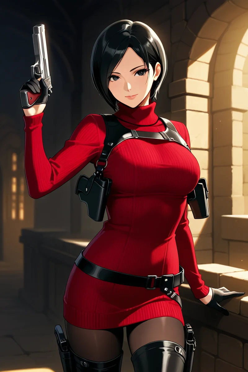 <lora:ada_wong_re_illus:0.7> ada wong, black hair, short hair, black eyes, large breasts, red sweater, turtleneck, chest harness, pantyhose, black gloves, half gloves, black belt, pistol holster, 1girl, solo, looking at viewer, smile, thighhighs, jewelry, standing, weapon, boots, belt, black footwear, lips, gun, thigh boots, bob cut, high heel boots, sweater dress, thigh holster, shoulder holster, black thighhighs, anime coloring, pistol holster on belt, medieval cities, more detail, cowboy shot,