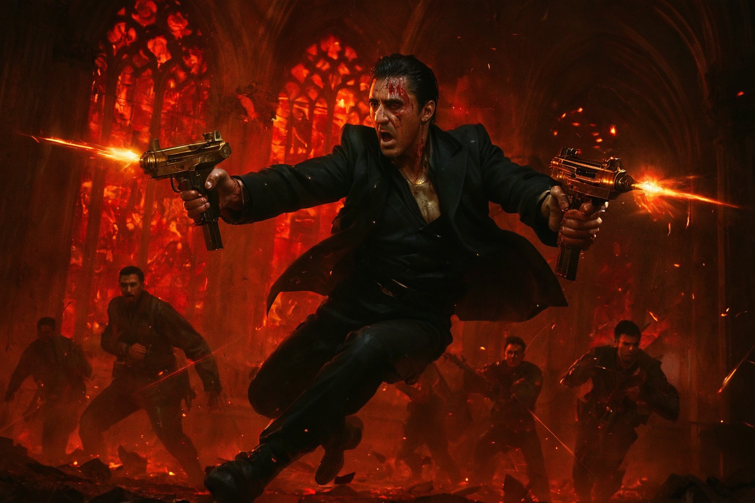 hellbound neo-noir action still, tony montana, aged face with scarred jawline and black slicked-back hair, dual-wielding gold-plated uzis, blood mist and bullet tracers slicing through demonic cartel soldiers mid-charge, leaping sideways in slow-motion through shattered stained glass, wide shot, low-angle perspective, crumbling infernal cathedral soaked in red neon and flickering firelight, frenzied and hyperviolent mood, intense chiaroscuro lighting with flare bursts, blood red and sulfur yellow palette, inspired by stylized neo-noir gunplay and operatic action cinema




































