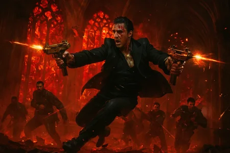 hellbound neo-noir action still, tony montana, aged face with scarred jawline and black slicked-back hair, dual-wielding gold-plated uzis, blood mist and bullet tracers slicing through demonic cartel soldiers mid-charge, leaping sideways in slow-motion through shattered stained glass, wide shot, low-angle perspective, crumbling infernal cathedral soaked in red neon and flickering firelight, frenzied and hyperviolent mood, intense chiaroscuro lighting with flare bursts, blood red and sulfur yellow palette, inspired by stylized neo-noir gunplay and operatic action cinema




































