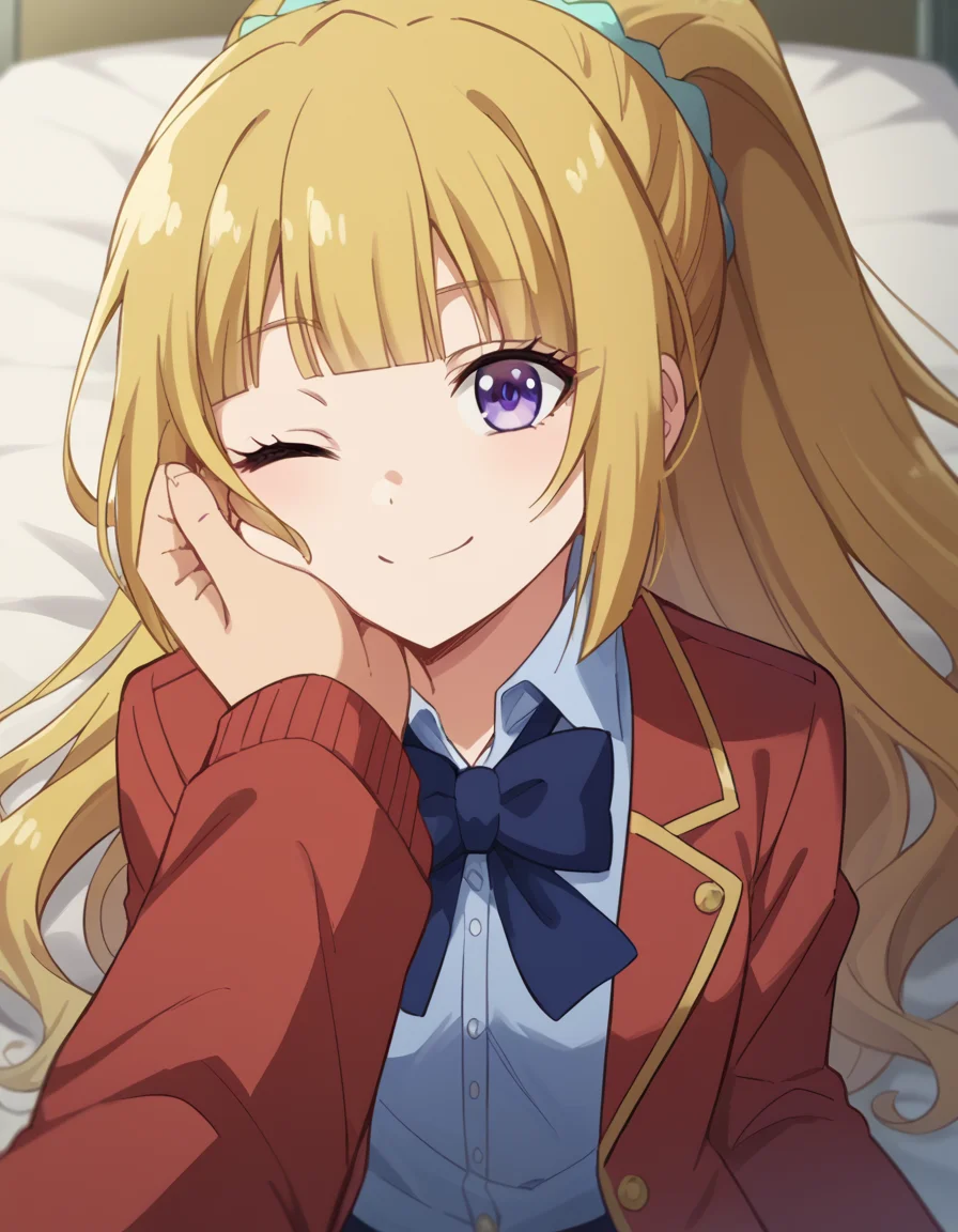 score_9, score_8_up, score_7_up, source_anime, keikaruizawa, <lora:kei-karuizawa-anime-s2-ponyxl-lora-nochekaiser:1>, kei karuizawa, long hair, bangs, blunt bangs, purple eyes, blonde hair, hair ornament, ponytail, scrunchie, blue scrunchie, <lora:guided-hand-on-cheek-ponyxl-lora-nochekaiser:1>, guided hand on cheek, hand grab, hand on another's cheek, hand on another's face, looking at viewer, pov, pov hands, smile, one eye closed, caress, caressing cheek, bed, bedroom, skirt, shirt, bow, school uniform, jacket, red jacket, pleated skirt, bowtie, sweater, blue bow, blue shirt,, cowboy shot, dutch angle, looking at viewer,