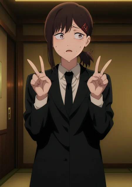 volumetric lighting, official style, amazing quality, ultra detailed, highres, detailed background, (anime screenshot, anime screencap, anime coloring) masterpiece, detailed face,1girl <lora:Kobeni_Higashiyama__:0.9>kobeni, v, double v, hair ornament, necktie, mole, mole under mouth, hairclip, shirt, black necktie, suit, looking to the side, formal, multiple moles, single sidelock, collared shirt, white shirt, black jacket, jacket, nervous, sweat, mole under eye, brown hair, bangs, short ponytail, brown eyes, open mouth, solo, short hair, cowboy shot, indoors