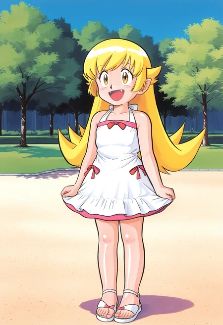 best hands, 5 fingers <lora:shina chara_IL1.2:0.8> retro artstyle,
shina_style, 1girl, oshino_shinobu, yellow eyes, blonde hair, smile, fang,
white dress, sandals,
<lora:AIã¤ã©ã¹ããããã_style_illustrious_goofy:1>shiny skin, shiny clothes,
outdoors, park, day, shadow,