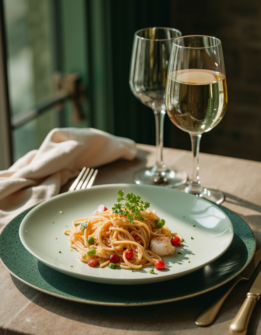 touch of verdigris style photograph, a gourmet, chef-prepared dinner setting that includes a plate of seafood pasta and a glass of white wine