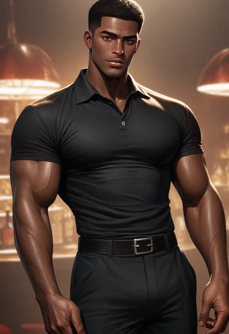 (score_9, score_8_up, score_7_up, score_6_up, score_5_up, score_4_up, photorealistic, male) , male body,, muscular body, big butt, big pecs, thick thighs, dark skin, african man, ebony skin, black man, handsome, masculine, nightclub background, detailed background,, seductive expression, looking at viewer, thug, wide nose, black skin, tapered haircut, muscular, brown eyes, perfect eyes, handsome, sexy, thug, dressed up in polo shirt and slacks, holding Hennessy
