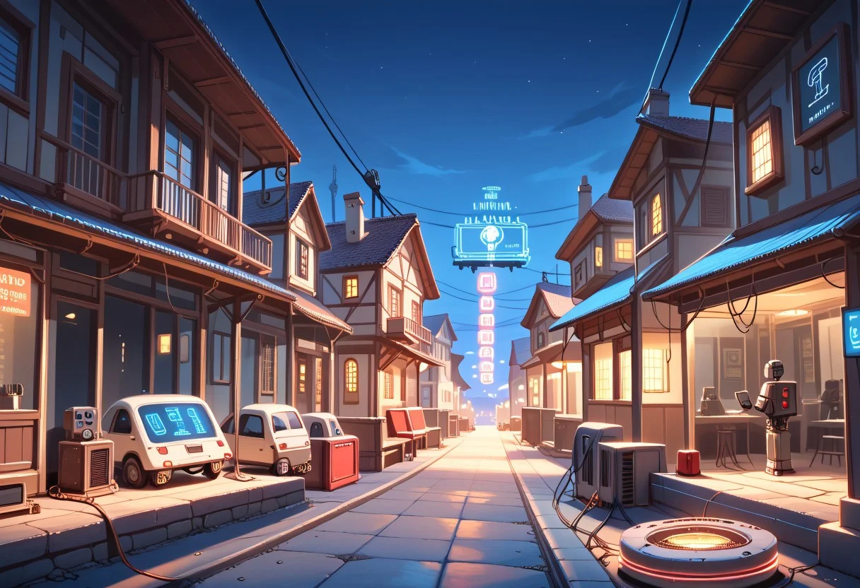 score_9, score_8_up, score_7 ,robot joints, ruanyi0779, science fiction, neon lights, cable, industrial pipemevicab, scenery,  village, houses, townhouses, square, reddish night, two moons in the background