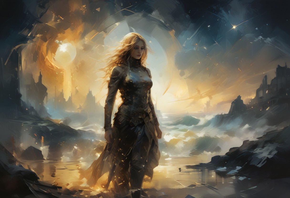 A captivating cosmic scene where Venus emerges from the ocean, waves dancing around her under a golden morning light. In the background, a starry sky serves as a canvas, with vibrant colors blending in space. Venus, shrouded in amber mist, embodies both wrath and beauty, swirling in retrograde around the blazing sun, Sol. Artistic elements suggesting a dynamic and discordant dance float around her. Illuminate this vision of a stellar future, highlighting the connection between the sea and the cosmos, with an ambiance of mystery and universal energy.