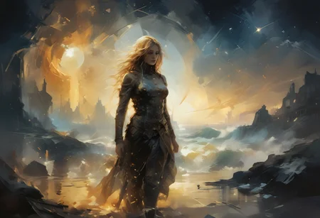 A captivating cosmic scene where Venus emerges from the ocean, waves dancing around her under a golden morning light. In the background, a starry sky serves as a canvas, with vibrant colors blending in space. Venus, shrouded in amber mist, embodies both wrath and beauty, swirling in retrograde around the blazing sun, Sol. Artistic elements suggesting a dynamic and discordant dance float around her. Illuminate this vision of a stellar future, highlighting the connection between the sea and the cosmos, with an ambiance of mystery and universal energy.