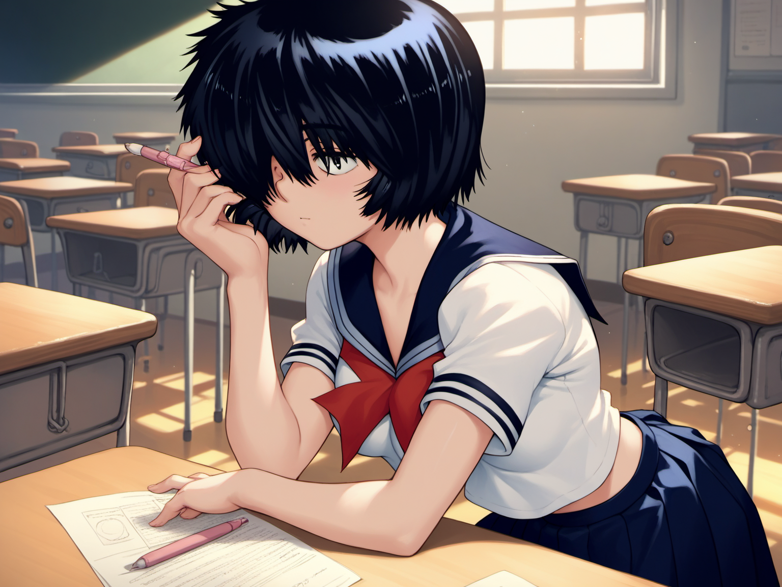 UrabeMikoto, 1girl, short hair,  black hair, solo,  serafuku,  (hair over both eyes), blue skirt, source_anime,  <lora:UrabeSDXL-Pony-16-16-C:1>,  medium breasts,  score_8_up, score_7_up,   classroom