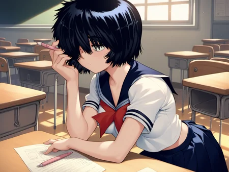 UrabeMikoto, 1girl, short hair, black hair, solo, serafuku, (hair over both eyes), blue skirt, source_anime, <lora:UrabeSDXL-Pony-16-16-C:1>, medium breasts, score_8_up, score_7_up, classroom