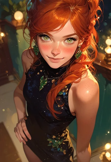 masterpiece,best quality, highly detailed, score_9, score_8_up, score_7_up, score_6_up, source_cartoon,
BREAK,
1girl, Mary Jane, Marvel, green eyes, orange hair, freckles, 1girl, blush, looking at viewer, short dress, mini black dress, glitter on black dress, sparkling dress, bare shoulders, dynamic angle, one hand on hip, slightly smile, full figure, good hands, depth of field, Ball background, earrings, night, indoors, gala background, gala, Aristocratic Soirée, Elite Gathering people background, Semi-realism, closed mouth, bokeh