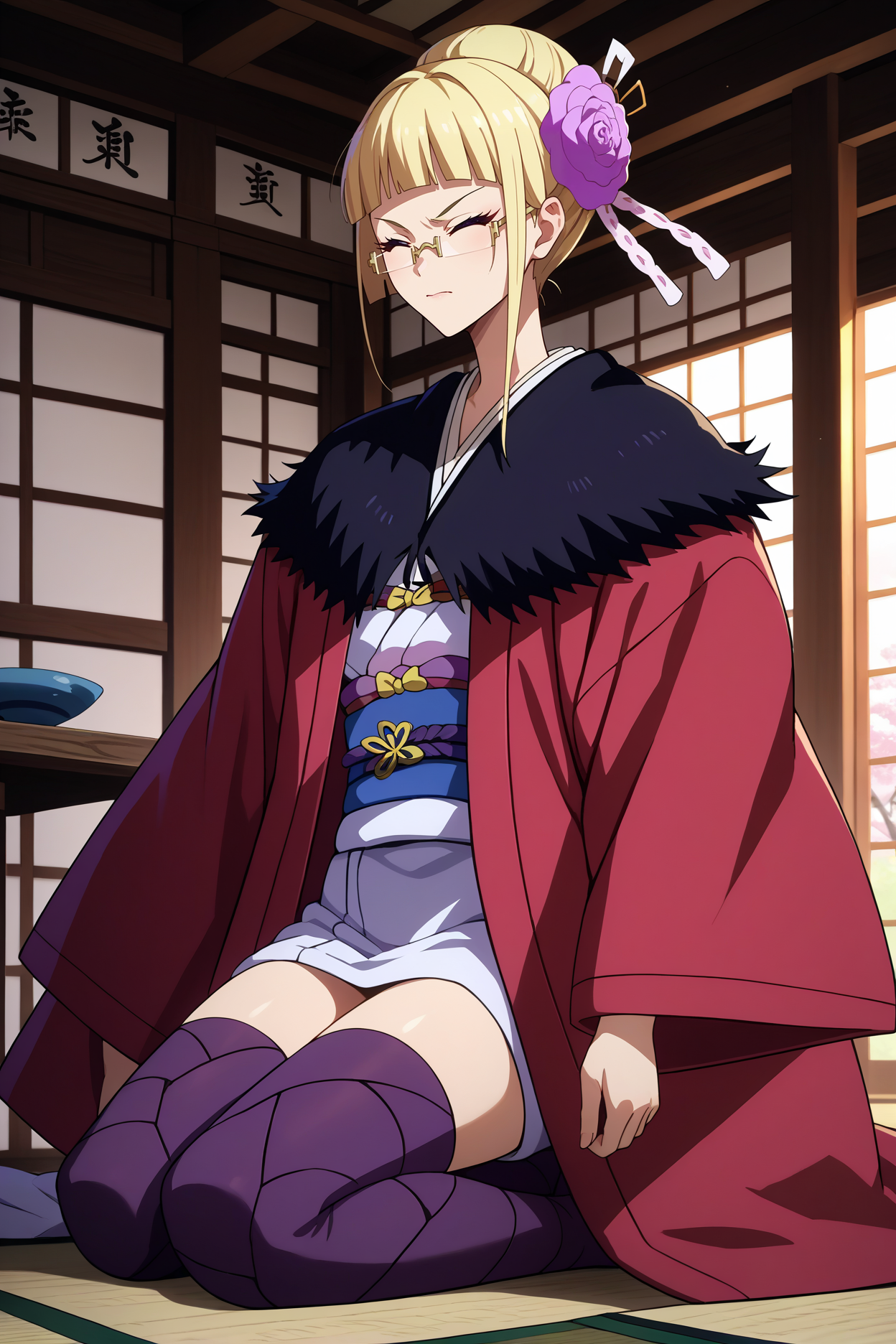 score_9, score_8_up, score_7_up, score_6_up, source_anime, 1girl, solo, <lora:mashiro-pdxl-nvwls-v1-000005:1> msro, blonde hair, blunt bangs, single hair bun, short hair, purple eyes, hair flower, glasses, red coat, fur trim, white kimono, sash, purple thighhighs, closed eyes, kneeling, sitting, seiza, japanese architecture, indoors