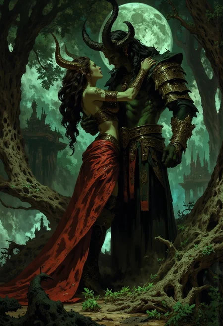 intimate scene of a Satyr and a beautiful dryad woman, embracing, in a moonlit forest glade, Satyr with dark green fur, Dryad with bark-like skin and leafy hair, both sharing a serene moment, horns and branches intertwined, magical aura surrounding them,
<lora:FluxMythP0rtr4itStyle:0.6> <lora:flux.1_lora_flyway_Epic-Characters_v1:0.6> <lora:Elden_Ring_-_Yoshitaka_Amano:0.33>