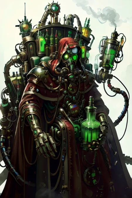 ((masterpiece,best quality)), absurdres, mechanical arms, robes, hood, (techpriest), cyborg, mechanical face, (AbsinthePunkAI)