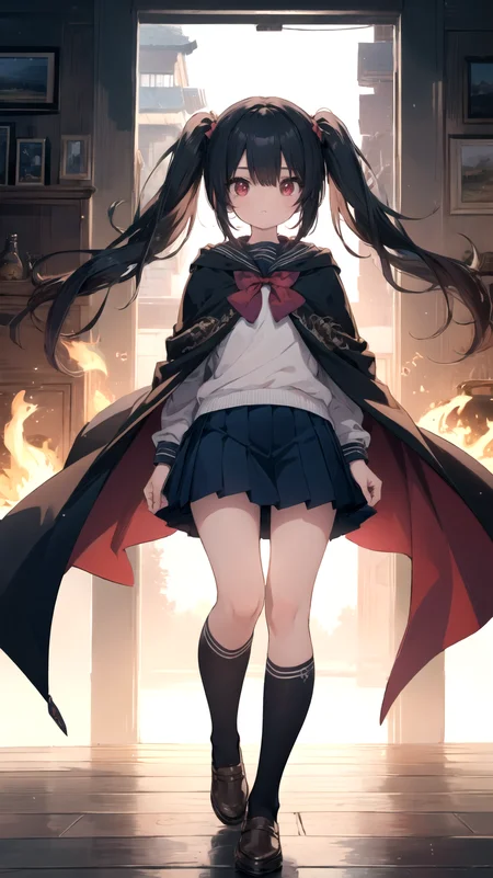 ,(masterpiece),(highres),(high quality),(insanely detailed),(absurdres),(ultra-highres),(ultra-detailed),(ultra-quality),(ultra-beautiful),(ultra detailed background),(best quality),
,(beautiful illustration),(8K),(UHD,HDR),(ray tracing),(natural light),(calibration color),
BREAK
,(cute girl),(solo),(skinny),(petite girl),(kawaii),(slender),(perfect symmetrical face),(waifu),
,(ultra cute girl),(ultra cute face),(ultra detailed eyes),(ultra detailed hair),(ultra cute),(ultra beautiful),
BREAK
,(black hair:1.2),(red eyes:1.2),(long twintails hair:1.2),
BREAK
,(school uniform),(magic cloak),
BREAK
,(megicial academy),
BREAK
,(looking at viewer),(full body),
BREAK