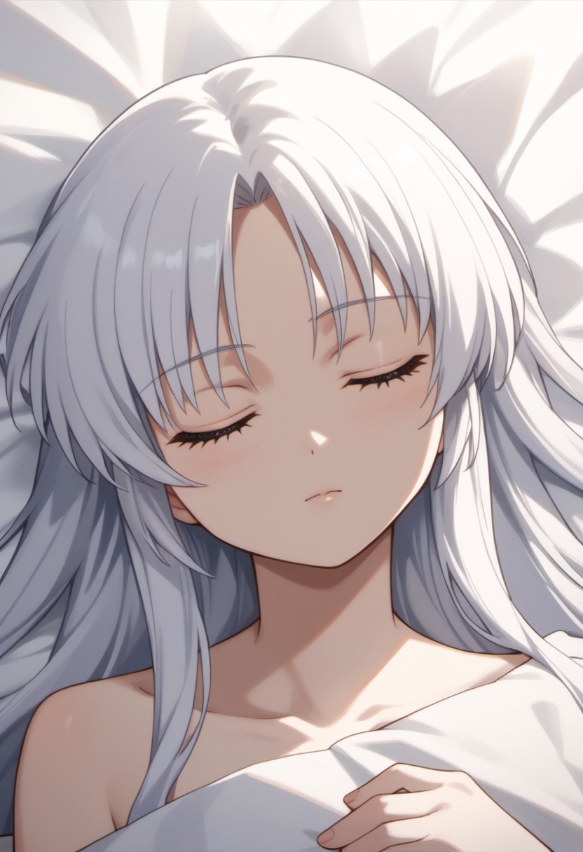score_9, score_8_up, score_7_up, source_anime, tachibana kanade, white hair, long hair, 1girl, solo, sleeping, bed, close eyes