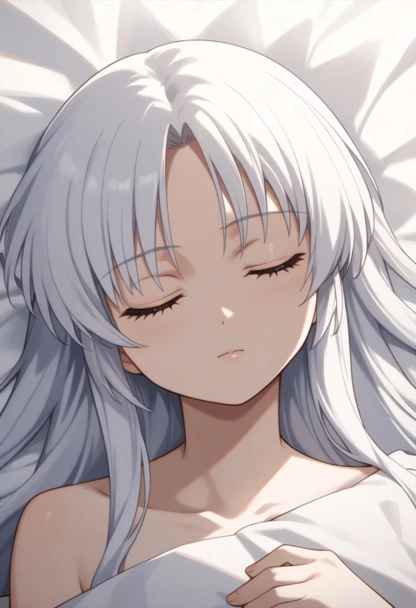 score_9, score_8_up, score_7_up, source_anime, tachibana kanade, white hair, long hair, 1girl, solo, sleeping, bed, close eyes