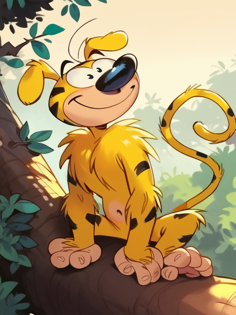score_9, score_8_up, score_7_up, 1boy, sitting on a tree, vegetation, smile, cute, leafs, 
 <lora:AMarsupilami_character:1>,Marsupilami, yellow skin, monkey tail, black eyes, <lora:Bonifasco_PonyXL_v1:0.7>
