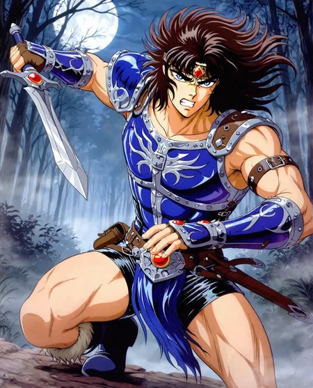 masterpiece, best quality, absurdres, zodikki, SIMOIL, kurumada eyes, kurumada hair, 1boy, male focus, muscular, toned male, blue eyes, blue armor, (leather headband, red jewel), blue breastplate, black leather shorts, blue stylized loincloth, one pauldron, blue pauldron, blue vambraces, medium hair, brown hair, boots, leather tassets, dark forest, fog, moon, holding thin dagger, weapon clenched teeth