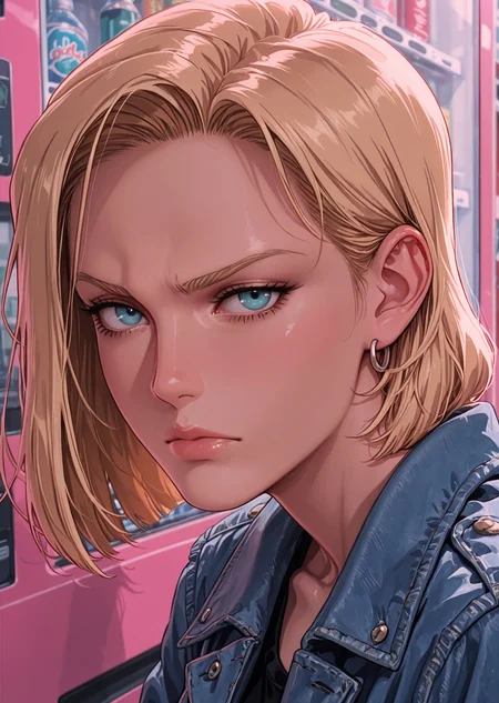 masterpiece, best quality, amazing quality, very aesthetic, masterpiece, best quality, amazing quality, very aesthetic, detailed eyes, perfect eyes, realistic eyes, BREAK, android 18, leaning her back against a vending machine, denim jacket, serious face, neon pink theme, face focus, close up
<lora:RSTHTC_Style__Illustrious:.8>  <lora:cfg_scale_boost:.5>