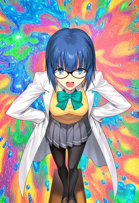 <lora:illustrious_XL_ciel:0.9>,ciel, masterpiece, best quality, good quality, newest, huge filesize, 1girl, solo, black-framed eyewear, school uniform, open lab coat, white lab coat, green bowtie, yellow sweater, white shirt, grey skirt, pleated skirt, medium breasts, full length stockings, loafers, looking at viewer, indoors, classroom, open mouth, excited, geeky pose, saphire-like eyes, adjusting_eyewear, leaning over, leaning on desk, liquid marble, ultra-detailed, colorful liquids, test tubes, test tube rack, science experiment