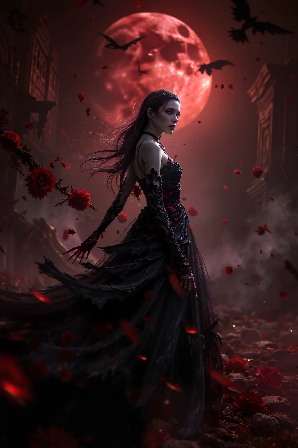 A hyper-realistic portrait, photorealistic photo close-up image of A middle-aged female vampire with long, flowing raven-black hair and alabaster skin stands in a grand, decaying ballroom, illuminated by the sickly glow of a full, blood-red moon. She is a Shadowborne, a race known for their ethereal beauty and their ability to fade into the shadows. She wears an extravagant gown made entirely of fluttering black bat wings that emit an eerie, high-pitched squeaking as she moves. Her piercing, crimson eyes scan the room filled with ghastly, decaying partygoers, all frozen in time as if waiting for her command. She raises a delicate, clawed hand, and the partygoers begin to stir, their movements jerky and unnatural as if being controlled by invisible strings. The vampire queen grins, revealing sharp, gleaming fangs as she begins to dance gracefully through the ballroom, her every step leaving behind a trail of shadowy mist. The air is thick with the scent of decay and the echoes of a forgotten waltz, creating a hauntingly beautiful scene where the vampire's strange attire and sinister grace reign supreme.(photography, high-resolution, dynamic, energetic,hyper-realistic, dramatic lighting, shallow depth of field.)<lora:black_fantasy_1.0>