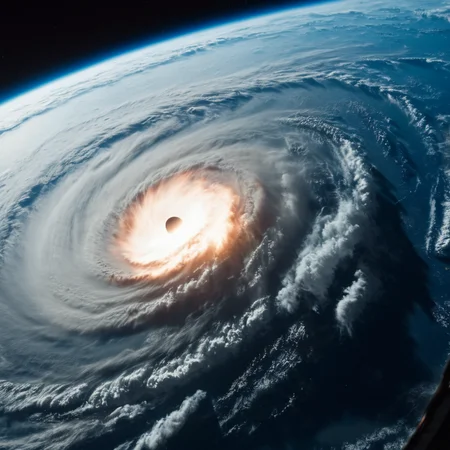 cinematic film still of <lora:collision style:1>
A collision of a view of a hurricane from a space station,signature,no humans,star (sky),scenery,science fiction,realistic,space,planet,earth (planet),spacecraft , impact, crash, explosion, destruction, strike, wreck, smash, planet, outer-space, galaxy, cinematic, film, different color, real, collision style, shallow depth of field, vignette, highly detailed, high budget, bokeh, cinemascope, moody, epic, gorgeous, film grain, grainy