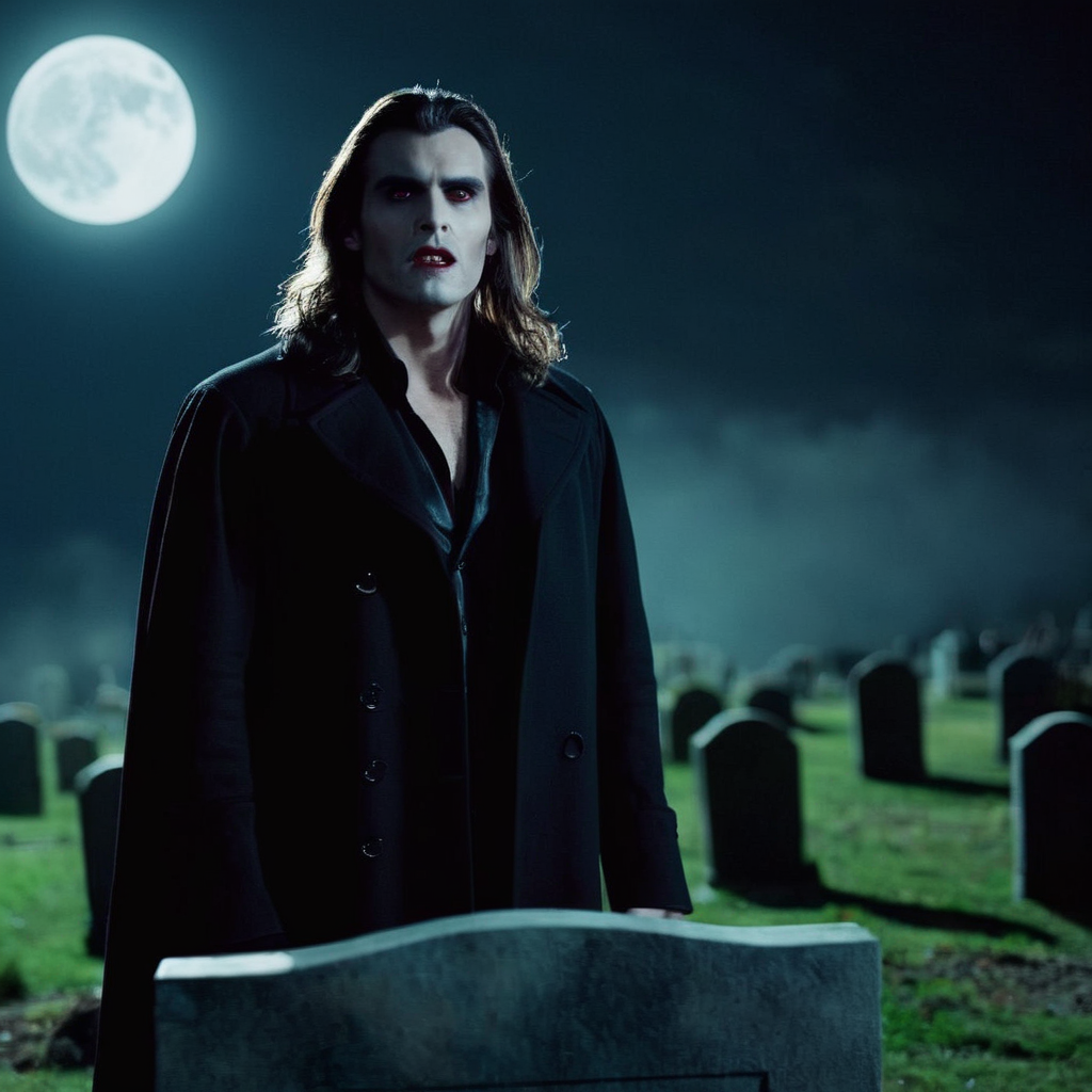 cinematic film still of  <lora:vampire fangs teeth 2:1.2>
A man in grave yard outdoors at night with long hair and a black coat and Vampire Fangs Teeth staring at camera in night with moon light on from above sky, shallow depth of field, vignette, highly detailed, high budget, bokeh, cinemascope, moody, epic, gorgeous, film grain, grainy