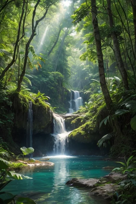 RAW photo, carribean island, delicate jungle grove, wild nature, picturesque scenery, enchanting sunrays, beautiful sky, majestic landscape, pristine vegetation, desolate atmosphere, morning island glade, blue water, jungle lake, photorealistic, masterpiece, 64k, UHD, ultra detailed, vivid colors, high quality, sharp focus