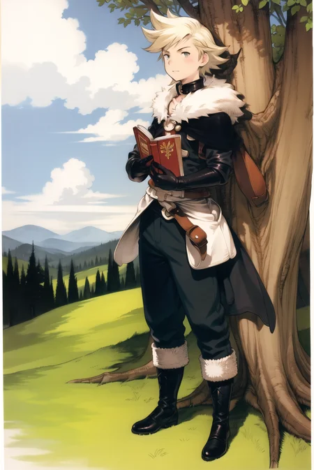 yoshida akihiko,
1boy, black gloves, blonde hair, book, boots, drop shadow, elbow gloves, full body, fur collar, gloves, pants, night, forest, tree, cloud, ringabel,
bravely default \(series\),
<lora:yoshida_akihiko_offset:1>