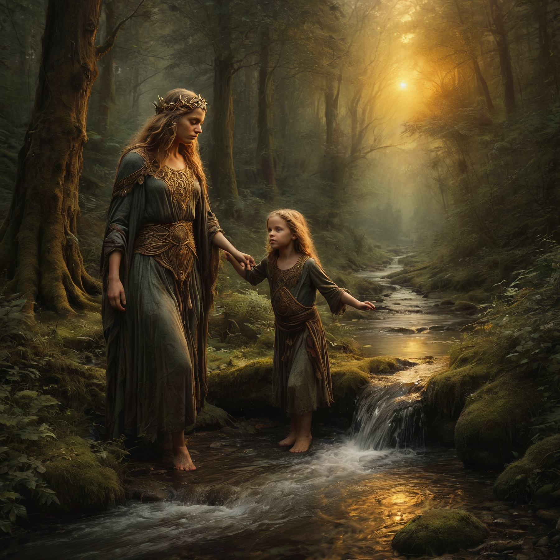 Painting using oil paints.

(Golden sunset bliss),

A druid mother and her children play in a stream in the leafy forest.

(Watercolor dreaminess), soft watercolor, selective color,

Atmospheric, antique, intricate, detailed. Rustic. Mossy.

Fantasy style. Fantasy dreamlike art. 

<lora:Old_Style_SDXL:0.2>
<lora:The_Dark_Side_of_the_Earth:0.2>
<lora:EnvyAwesomizeXL01:0.8> Awesomize 
<lora:LoromXL_Druidic_Naturalism_v1:0.3> druidic