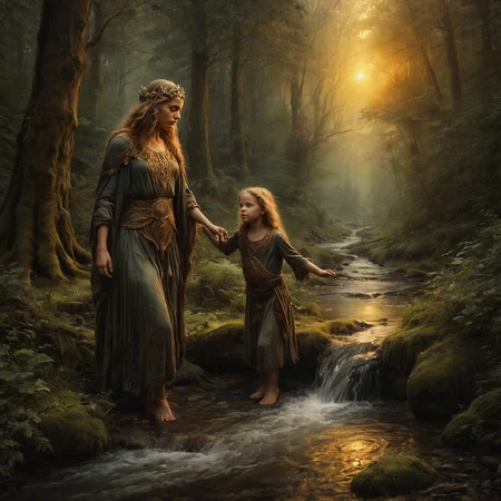 Painting using oil paints.
(Golden sunset bliss),
A druid mother and her children play in a stream in the leafy forest.
(Watercolor dreaminess), soft watercolor, selective color,
Atmospheric, antique, intricate, detailed. Rustic. Mossy.
Fantasy style. Fantasy dreamlike art.
<lora:Old_Style_SDXL:0.2>
<lora:The_Dark_Side_of_the_Earth:0.2>
<lora:EnvyAwesomizeXL01:0.8> Awesomize
<lora:LoromXL_Druidic_Naturalism_v1:0.3> druidic