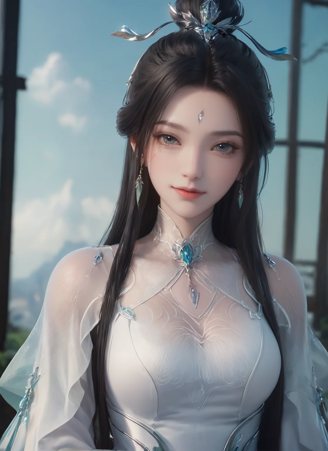 (cowboy_shot:1.4),ultra realistic 8k cg,picture-perfect face,flawless,clean,masterpiece,professional artwork,famous artwork,cinematic lighting,cinematic bloom,perfect face,beautiful face,beautiful eyes,fantasy,dreamlike,unreal,science fiction,absurdly long hair,very long hair,(rich:1.4),detail,delicate pattern,charming,alluring,seductive,erotic,enchanting,hair ornament,looking at viewer,sexy,charming,alluring,seductive,
<lora:luxueqi_V1-000008:1>,1girl,black hair,white dress,dress,earrings,facial mark,forehead mark,green dress,hair bun,hair ornament,jewelry,long hair,single hair bun,solo,weapon,smile,