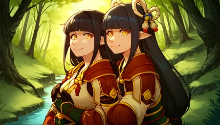 zPDXL,anime artwork score_9,score_8_up,score_7_up,2d,<lora:Iriedono_Style_PonyXL:1>,by iriedono,iriedono,<lora:Huffslove_Style_PonyXL:1>,by huffslove,huffslove,<lora:anime-detailer-xl:1.5>,<lora:Expressive_H-000001:1>,Expressiveh,(source_anime),raytracing,rating_questionable,rating_safe,
2girls,<lora:hinoa.pony:0.7>,hinoa,<lora:minoto.pony:0.7>,minoto,
outdoors,forest,scenery,
absurdres,
upper body,looking at viewer,cute,attractive,
eye contact,standing,hug,smile,
. anime style,vibrant,studio anime,highly detailed,