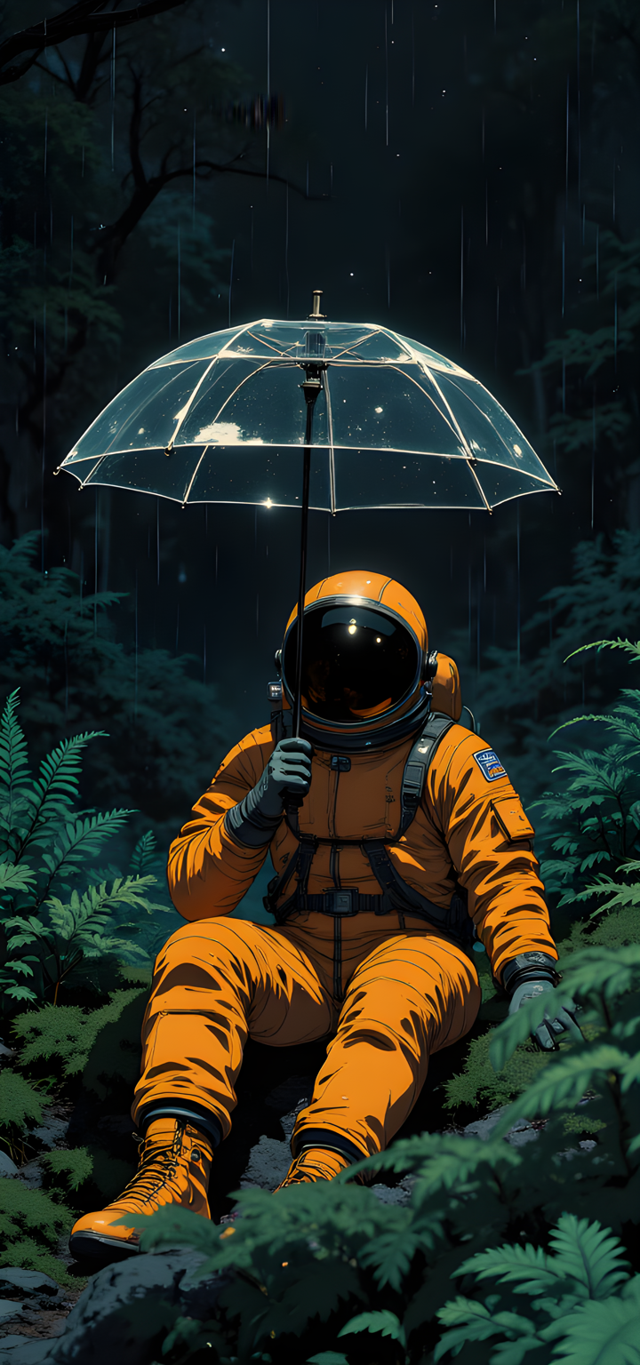 The figure sat motionless in the heart of a dense, shadowy forest, cloaked in an otherworldly stillness. It was night, and the darkness pressed in from all sides, heavy with the scent of damp earth and ancient foliage. Above, the sky stretched endlessly, dotted with countless stars that twinkled faintly against the velvet blackness. The air was cool and humid, carrying the faintest whisper of rain. 
The figure was clad in a vivid yellow spacesuit , its glossy surface reflecting the dim light filtering through the canopy above. The suit was bulky and intricate, adorned with patches, straps, and various technical details that spoke of advanced technologyânot for Earth, but for something far beyond it. A transparent umbrella  rested over their head, its frame delicate yet sturdy, shielding them from the occasional drizzle that fell like scattered stardust. The umbrella caught the light, creating a soft glow around the figure, making them appear almost ethereal. 
Their helmet was a smooth, reflective dome, mirroring the lush greenery of the forest and the starry expanse above. Inside, the visor revealed nothingâno face, no expressionâjust the dark void of the interior, as though the person beneath was hidden from view. This anonymity added to the enigmatic quality of the scene, leaving one to wonder whoâor whatâthis being might be. 
The surrounding forest was alive with detail. Ferns and broad-leaved plants grew thickly around the figure, their leaves glistening with droplets of water. The ground was carpeted in moss, rich and velvety underfoot, suggesting this place had been untouched by human hands for centuries. The air seemed to hum with life, filled with the subtle rustling of leaves and the distant chirping of nocturnal creatures. 
Despite the serene beauty of the setting, there was an underlying tension. The juxtaposition of the spacesuit  and the forest  created an odd harmonyâa clash of worlds. Was this astronaut exploring an alien planet? Or had they somehow found themselves stranded on Earth, lost in time or space? The answer remained elusive, adding layers of mystery to the quiet moment. 
The figure sat perfectly still, as if frozen in time. Their posture was relaxed yet alert, knees drawn up slightly, hands resting lightly on their thighs. There was no movement, no sound, only the gentle patter of raindrops on the umbrella and the soft rustle of the forest. It was as though they were meditating, or perhaps simply basking in the strange, surreal beauty of their surroundings. 
Above, the stars continued to twinkle, their light piercing through the darkness like tiny pinpricks of hope. The scene felt both timeless and fleeting, as though it could dissolve into the night at any moment, leaving behind only echoes of its existence. 
In this quiet, dreamlike tableau, the figure stood as a symbol of solitude, exploration, and the endless quest for understandingâwhether of the universe or of oneself. The image lingered in the mind, haunting and beautiful, a testament to the infinite possibilities of where humanity might venture next. 
j_art, j_anime, UNI_SCI_FI_CORE, <lora:FLUX\UNI_FI_NoCAP:0.2>, <lora:FLUX\jul\J_Anime:1.0>, <lora:FLUX\RealAnime:0.15>