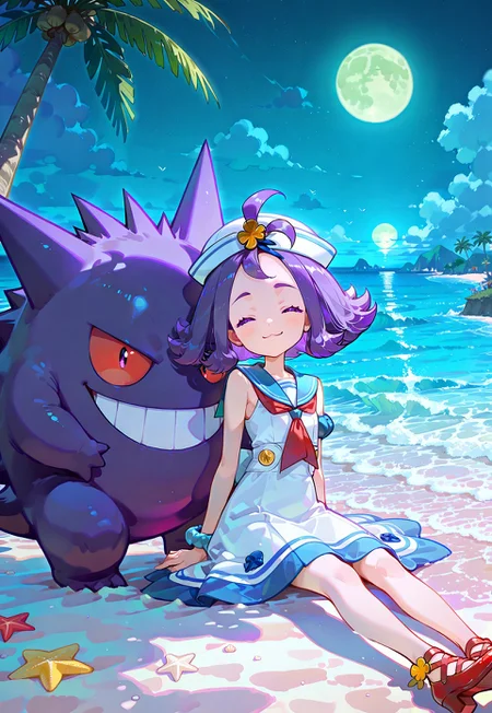 masterpiece,best quality,amazing quality,very aesthetic,absurdres,newest,
anime screenshot, anime coloring, flat color,
BREAK 

1girl,
1girl,
sumacerola, [acerola_\(pokemon\)], medium_hair, purple_hair,
 purple_eyes,

 sailor_hat, white_hat, sleeveless_dress, white_dress, armlet, bracelet, red_neckerchief, sailor_collar, shoes, red_footwear official_alternate_costume,

smile,
closed eyes,
:3,


BREAK 


sitting,

Gengar\(pokemon\),



outdoors,beach,sea,island,palm tree,shade,windy,
night,dark, harsh lighting,green moon,purple light,


looking at viewer