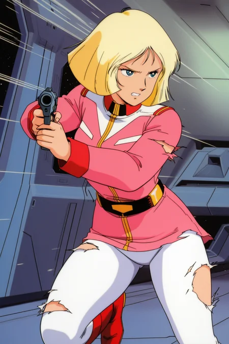 masterpiece, best quality, amazing quality, absurdres, saylamass79, blonde hair, solo, serious, clenched teeth, fighting stance, hurt, wounded, aiming, holding gun, pink military uniform, white pants, torn clothes, red boots, large breasts, upper body, indoors, spacecraft, science fiction, action lines, speed lines, retro artstyle