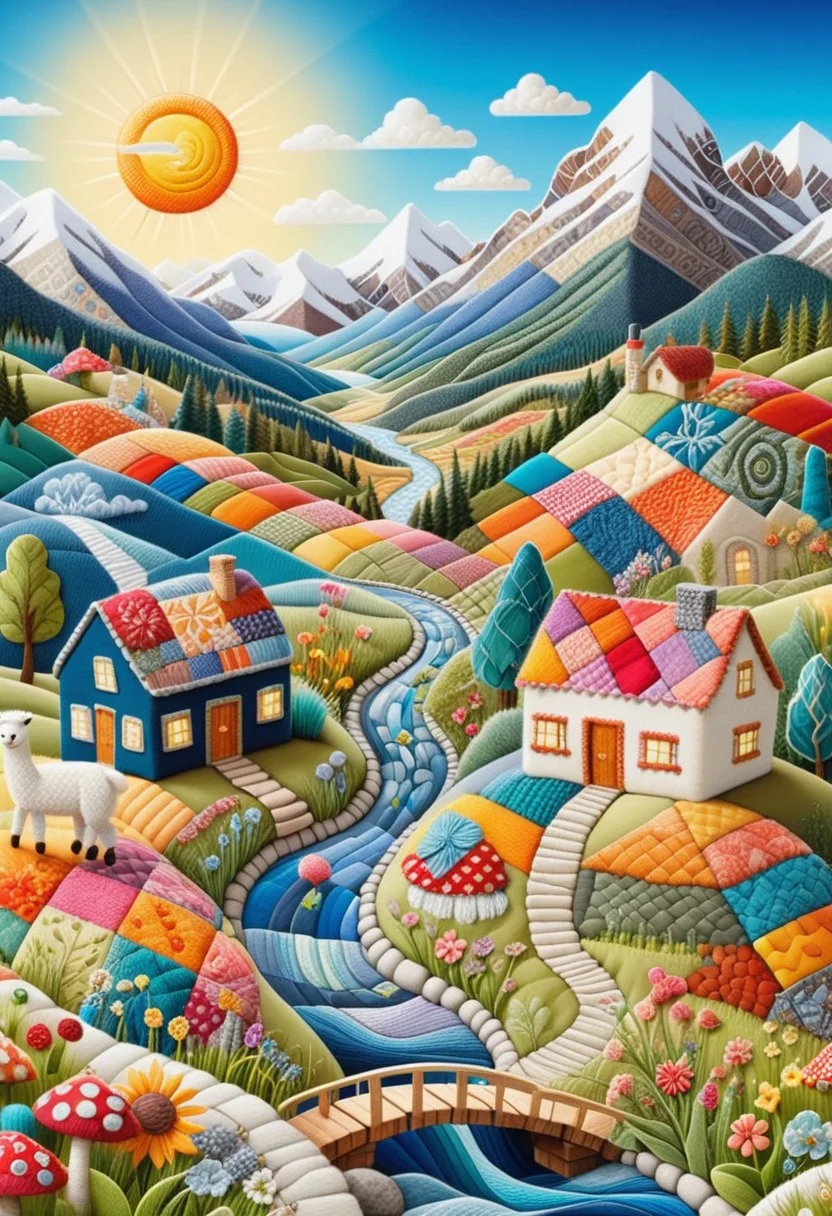 A vivid, detailed illustration of a whimsical, colorful landscape where everything is made from patchwork fabric. The scene is dominated by a central, flowing river with a wooden bridge crossing it. The river is surrounded by lush, green, rolling hills, dotted with small, cozy houses with thatched roofs in shades of blue, orange, and yellow. The houses are intricately detailed with windows, doors, and chimneys. Surrounding the houses are tall, colorful trees with round, fluffy tops. Creating a surreal, fairytale-like atmosphere. The sky is a deep blue, contrasting with the vibrant colors of the landscape. In the background, towering, snow capped mountains with fluffy clouds and a bright sun peeking from behind them add depth and a sense of scale to the scene. The foreground is filled with various small, knitted items such as alpacas, sheep, and mushrooms, all in bright, primary colors, adding to the whimsical and playful nature of the illustration. The textures are soft and fuzzy, with a hand-knit patchwork appearance, enhancing the cozy, handmade feel of the entire scene. The overall style is a blend of fantasy and folk art, creating a charming and enchanting world. ptchkrawk