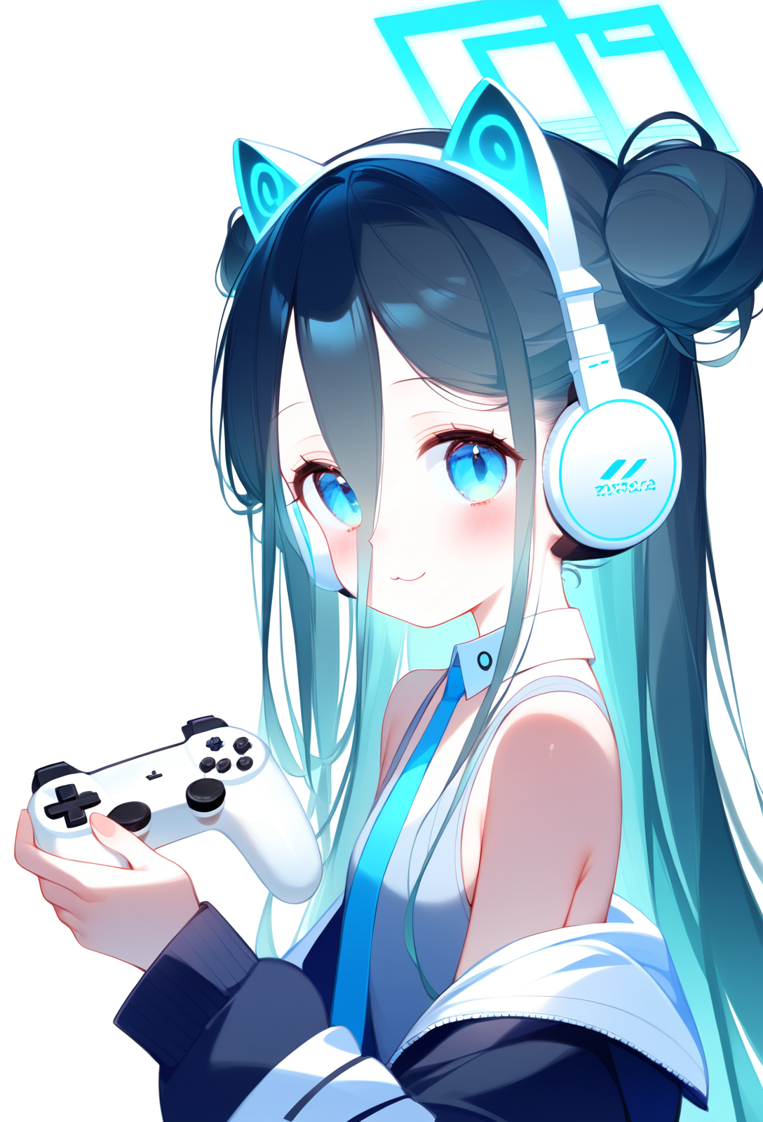 aris (blue archive), 1girl, solo, long hair, looking at viewer, blush, blue eyes, simple background, shirt, black hair, long sleeves, white background, holding, animal ears, hair between eyes, closed mouth, bare shoulders, very long hair, jacket, grey shirt, upper body, necktie, off shoulder, hair bun, halo, from side, fake animal ears, double bun, alternate hairstyle, headphones, blue necktie, controller, game controller, animal ear headphones, cat ear headphones, holding controller, holding game controller, smile
<lora:hstoigaf_pony_v3_autism_base_cherrypick:1>