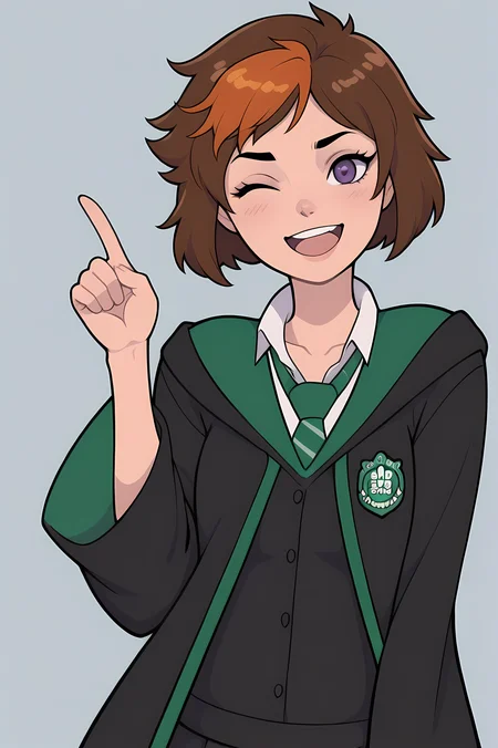masterpiece, best quality,
<lora:Merula_Snyde_Illustrious:1> merula_snyde, brown hair, short hair, purple eyes, orange hair,
1girl, cute, hogwarts school uniform, happy, open mouth, one eye closed, solo,
